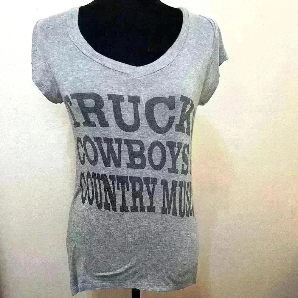 Trucks Cowboys & Country Music T-Shirt  Soft Cotton Novelty Tee V-Neck